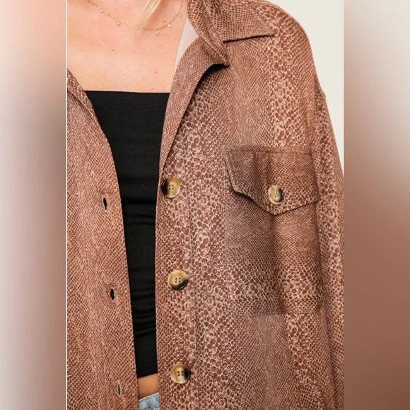 Womens Oversized Brown Button-Front Shacket Jacket - Picture 3 of 5